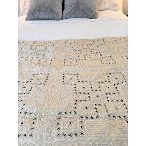 Traditional Indian Mirror Work Silk Embroidery Cotton Bedspread 104 x 84 Beige
